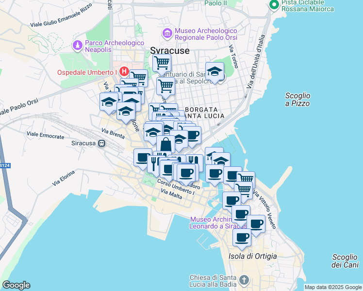 map of restaurants, bars, coffee shops, grocery stores, and more near 45 Via Agatocle in Syracuse