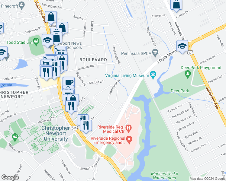 map of restaurants, bars, coffee shops, grocery stores, and more near 60 Sweetbriar Drive in Newport News