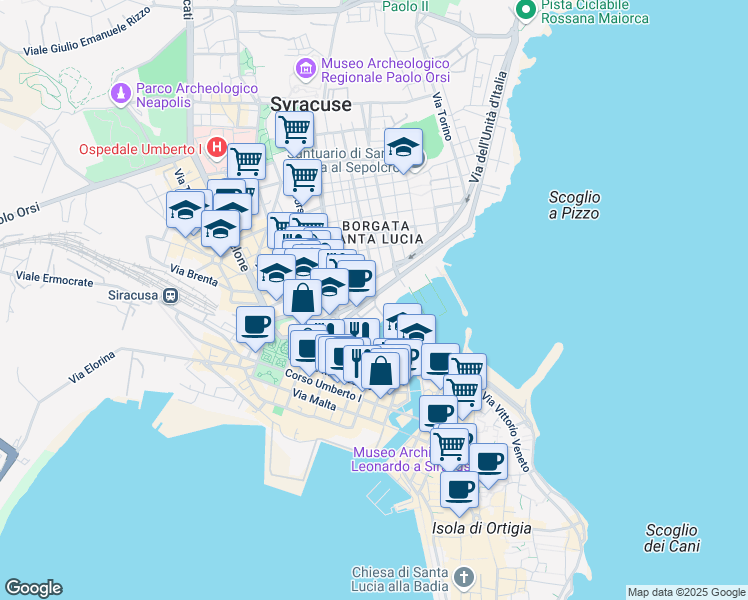 map of restaurants, bars, coffee shops, grocery stores, and more near 20 Riva Porto Lachio in Syracuse