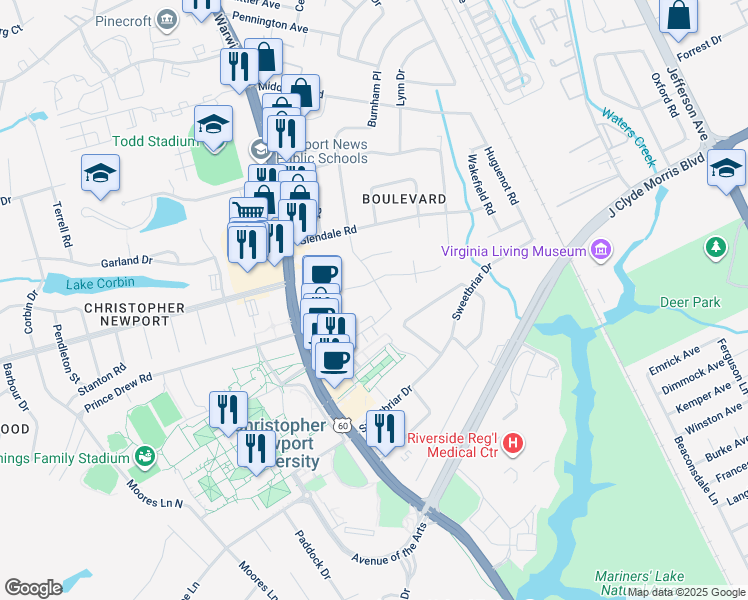 map of restaurants, bars, coffee shops, grocery stores, and more near 301 Burnham Place in Newport News
