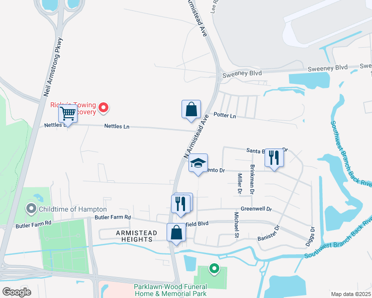 map of restaurants, bars, coffee shops, grocery stores, and more near 2845 North Armistead Avenue in Hampton