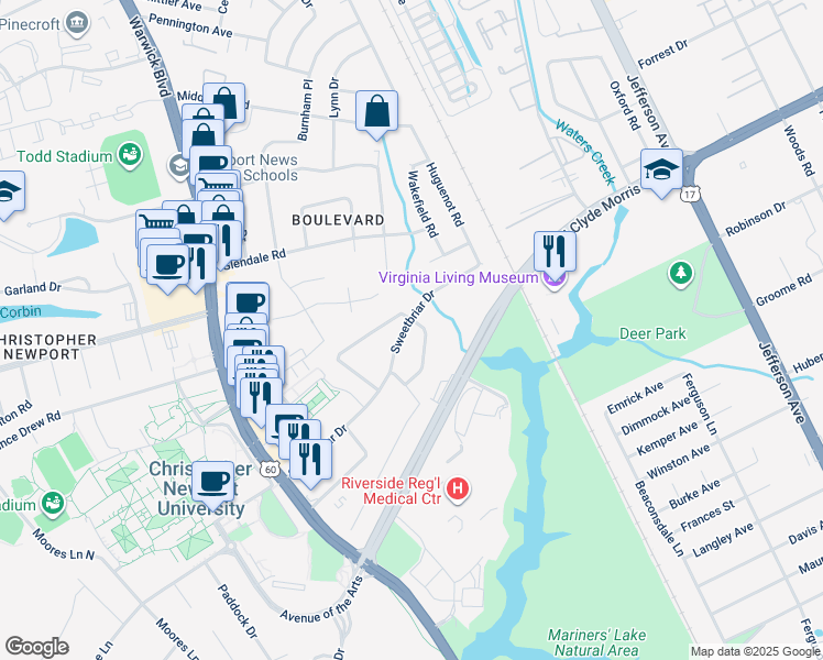 map of restaurants, bars, coffee shops, grocery stores, and more near 60 Sweetbriar Drive in Newport News
