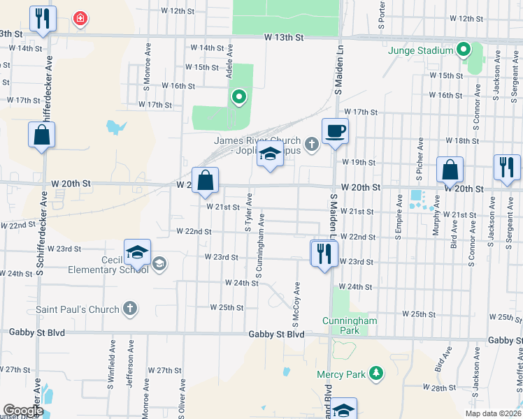 map of restaurants, bars, coffee shops, grocery stores, and more near 1850 West 20th Street in Joplin