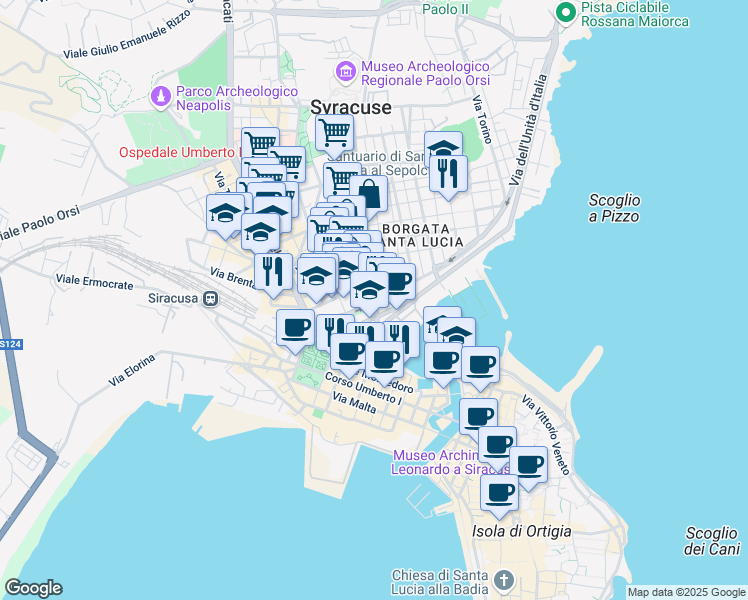 map of restaurants, bars, coffee shops, grocery stores, and more near 5 Corso Timoleonte in Siracusa