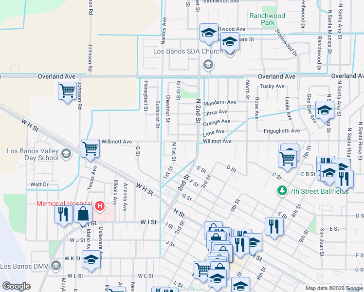 map of restaurants, bars, coffee shops, grocery stores, and more near 107 Lime Avenue in Los Banos
