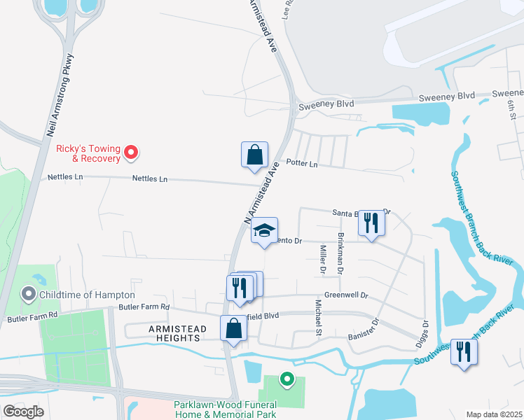 map of restaurants, bars, coffee shops, grocery stores, and more near 2845 North Armistead Avenue in Hampton