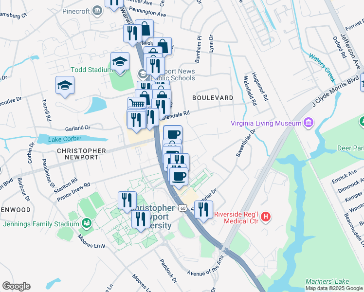 map of restaurants, bars, coffee shops, grocery stores, and more near 13 Welford Lane in Newport News