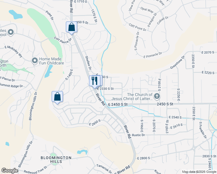 map of restaurants, bars, coffee shops, grocery stores, and more near 1677 East 2330 South Street in St. George