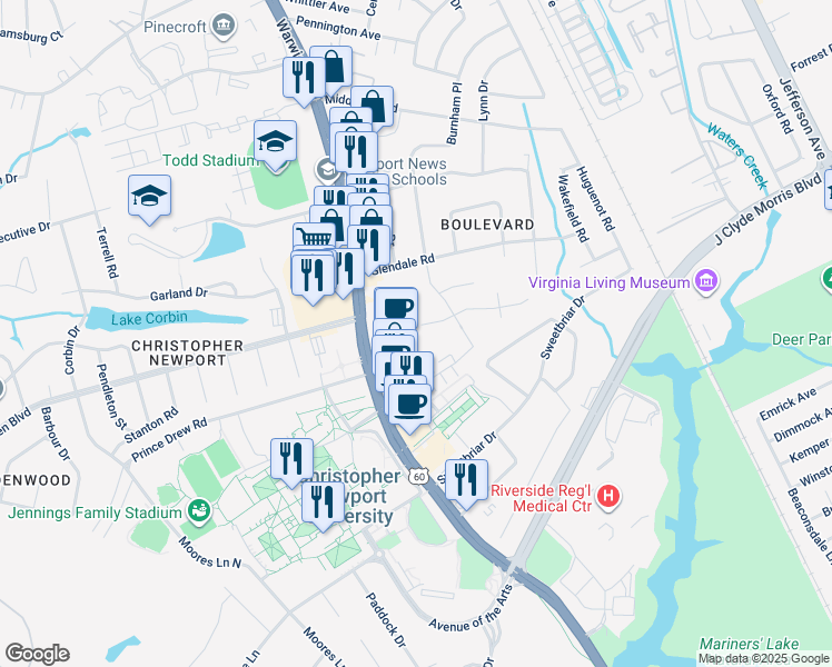map of restaurants, bars, coffee shops, grocery stores, and more near 13 Welford Lane in Newport News