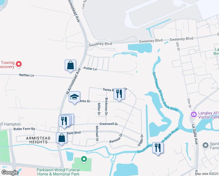map of restaurants, bars, coffee shops, grocery stores, and more near 55 Santa Barbara Drive in Hampton