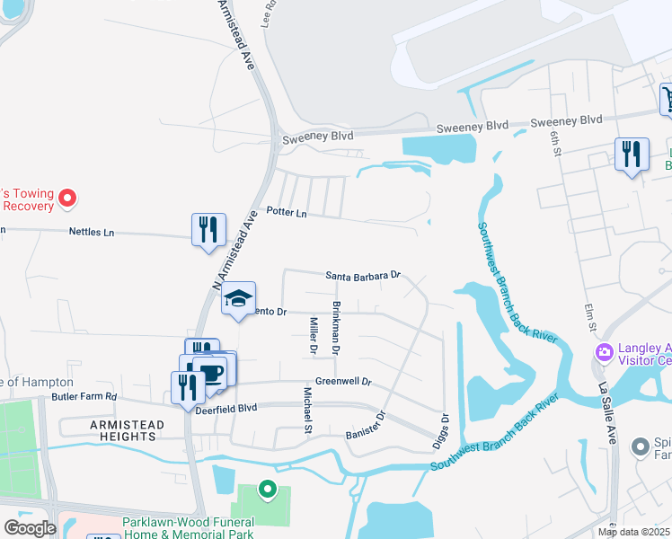 map of restaurants, bars, coffee shops, grocery stores, and more near 55 Santa Barbara Drive in Hampton
