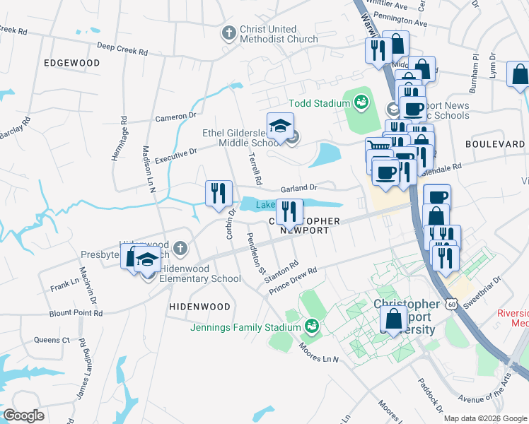 map of restaurants, bars, coffee shops, grocery stores, and more near 27 Garland Drive in Newport News