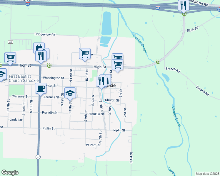 map of restaurants, bars, coffee shops, grocery stores, and more near 112 South 5th Street in Sarcoxie