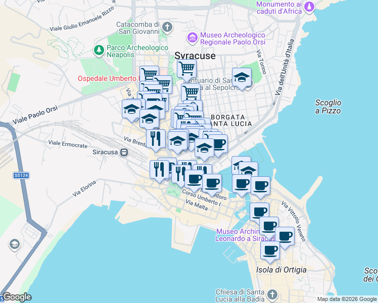 map of restaurants, bars, coffee shops, grocery stores, and more near 21 Via Bacchilide in Siracusa