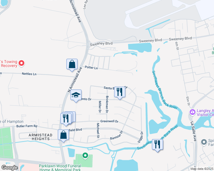 map of restaurants, bars, coffee shops, grocery stores, and more near 55 Santa Barbara Drive in Hampton