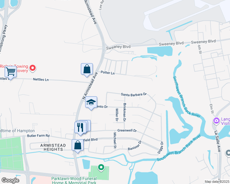 map of restaurants, bars, coffee shops, grocery stores, and more near 41 Santa Barbara Drive in Hampton