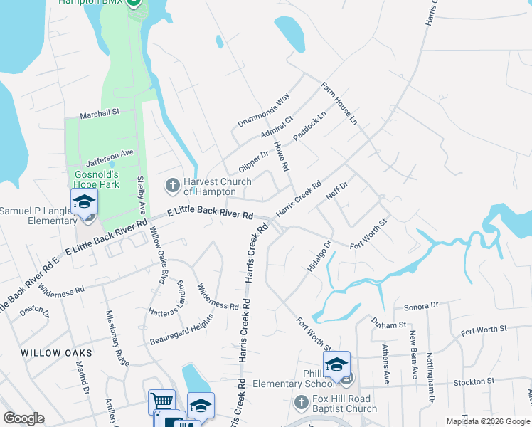 map of restaurants, bars, coffee shops, grocery stores, and more near 1052 Windjammer Drive in Hampton