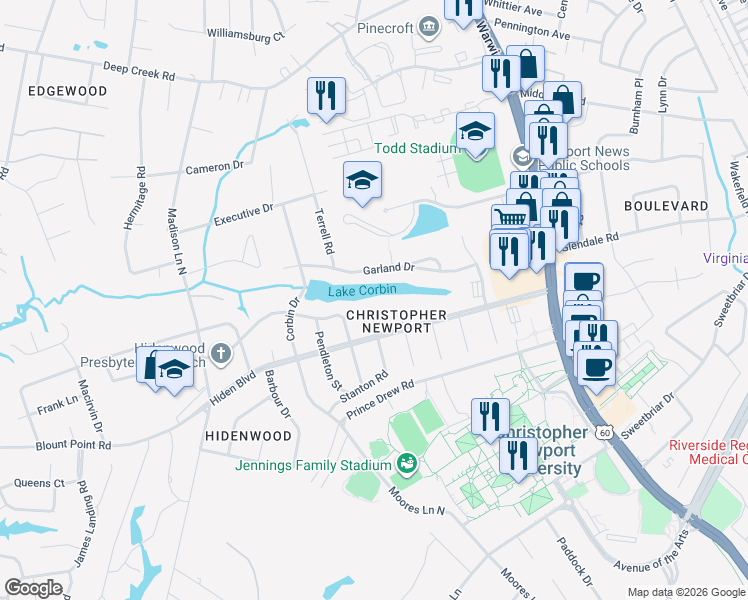 map of restaurants, bars, coffee shops, grocery stores, and more near in Newport News