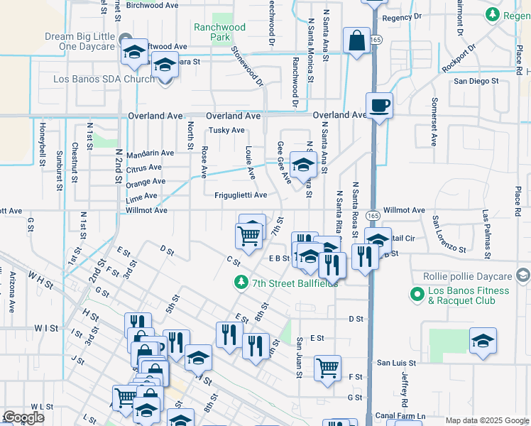 map of restaurants, bars, coffee shops, grocery stores, and more near 940 Cherry Lane in Los Banos