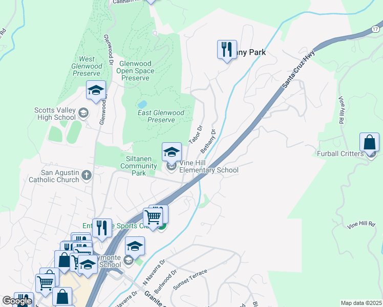 map of restaurants, bars, coffee shops, grocery stores, and more near 265 Bethany Drive in Scotts Valley
