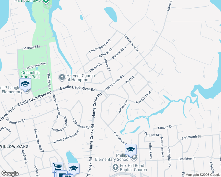 map of restaurants, bars, coffee shops, grocery stores, and more near 114 Harris Creek Road in Hampton