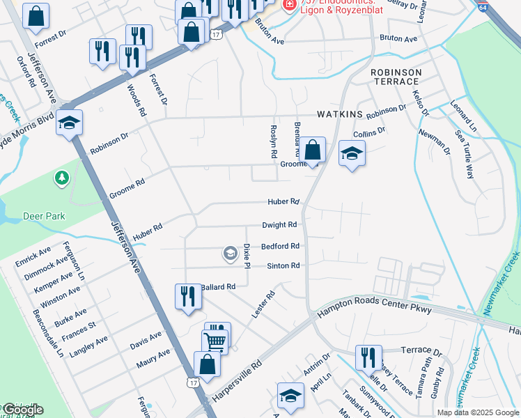 map of restaurants, bars, coffee shops, grocery stores, and more near 94 Huber Road in Newport News