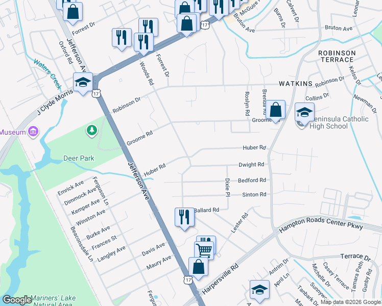 map of restaurants, bars, coffee shops, grocery stores, and more near 514 Woods Road in Newport News