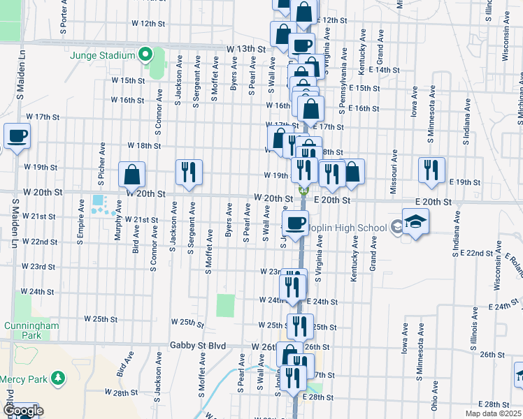 map of restaurants, bars, coffee shops, grocery stores, and more near 300-398 W 20th St in Joplin