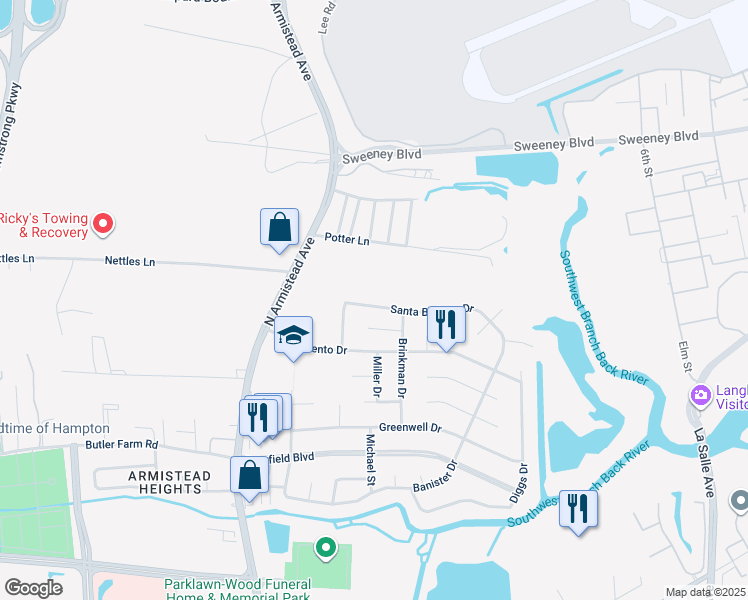 map of restaurants, bars, coffee shops, grocery stores, and more near 41 Santa Barbara Drive in Hampton
