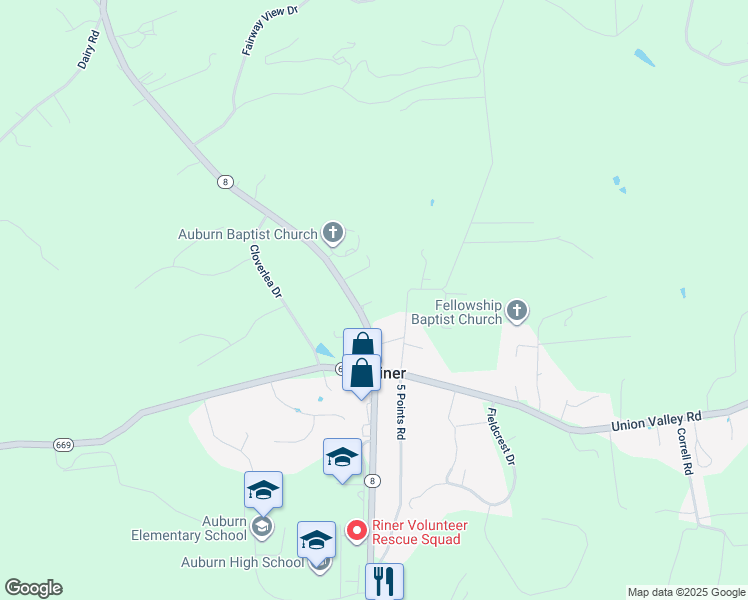 map of restaurants, bars, coffee shops, grocery stores, and more near 3892 Riner Road in Riner