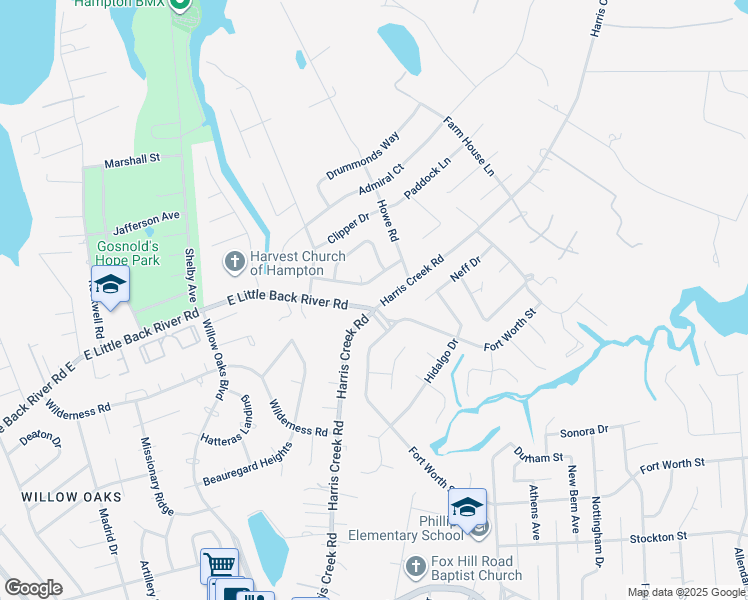 map of restaurants, bars, coffee shops, grocery stores, and more near 101 Harris Creek Road in Hampton