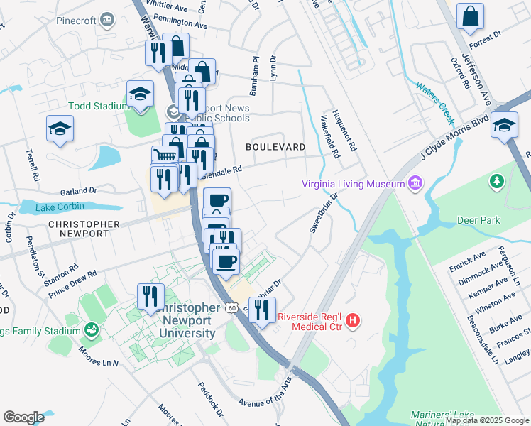 map of restaurants, bars, coffee shops, grocery stores, and more near 449 University Place in Newport News