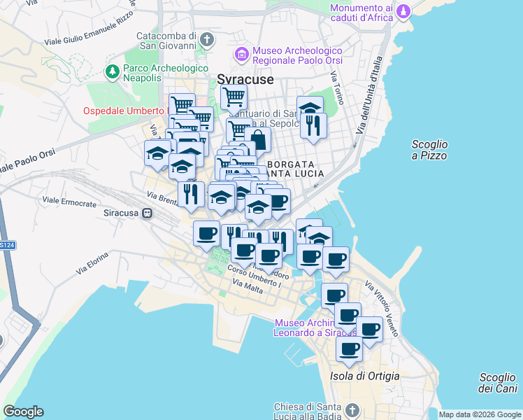 map of restaurants, bars, coffee shops, grocery stores, and more near 5 Corso Timoleonte in Siracusa