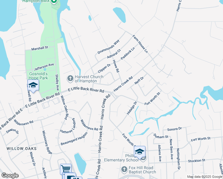 map of restaurants, bars, coffee shops, grocery stores, and more near 101 Harris Creek Road in Hampton