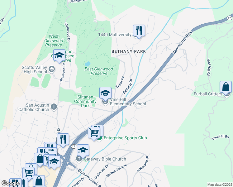 map of restaurants, bars, coffee shops, grocery stores, and more near 240 Tabor Drive in Scotts Valley