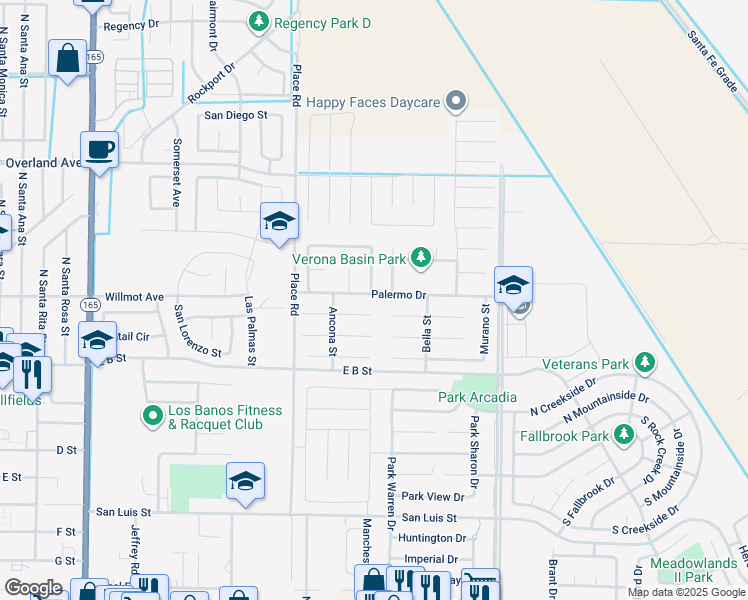 map of restaurants, bars, coffee shops, grocery stores, and more near 2095 Palermo Drive in Los Banos