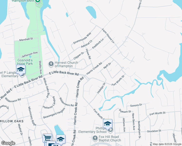 map of restaurants, bars, coffee shops, grocery stores, and more near 114 Harris Creek Road in Hampton