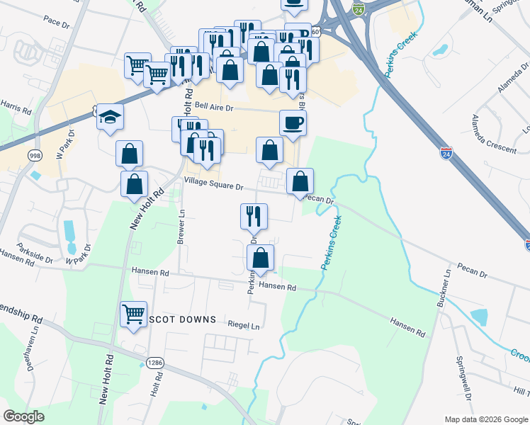 map of restaurants, bars, coffee shops, grocery stores, and more near 4630 Village Square Drive in Paducah