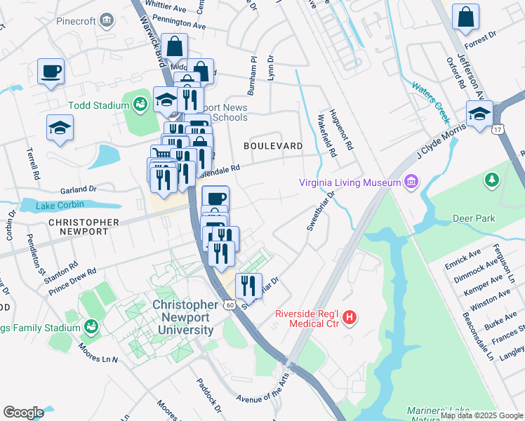 map of restaurants, bars, coffee shops, grocery stores, and more near 449 University Place in Newport News