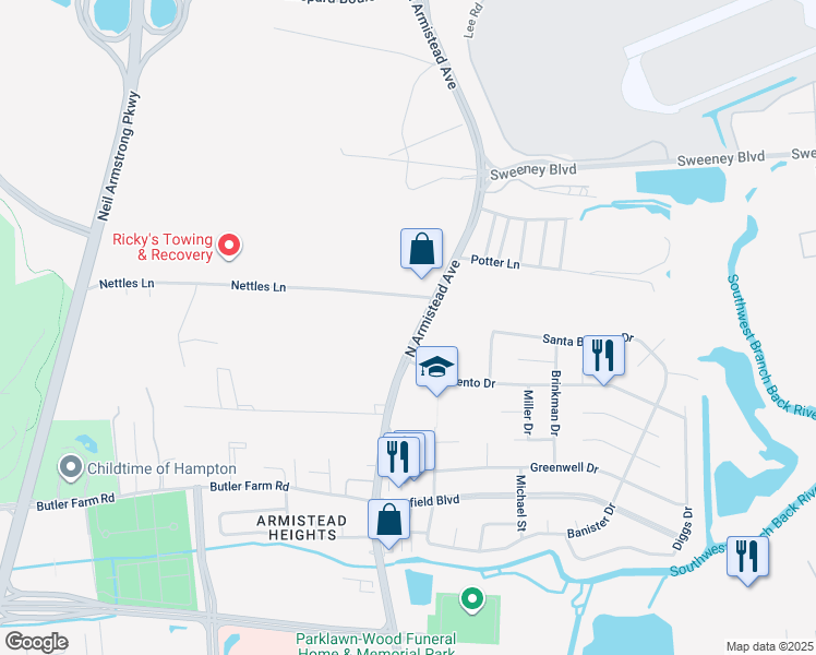 map of restaurants, bars, coffee shops, grocery stores, and more near 2845 North Armistead Avenue in Hampton