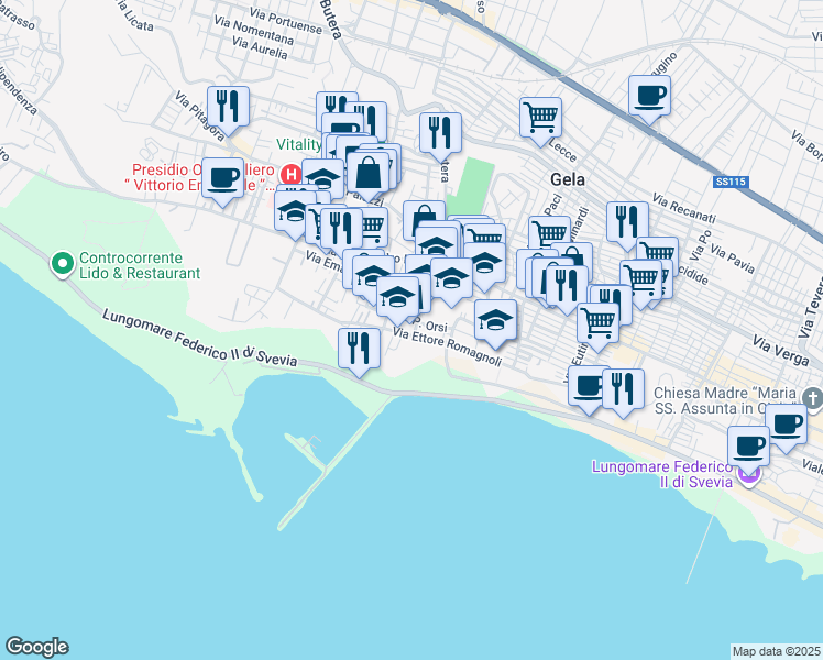 map of restaurants, bars, coffee shops, grocery stores, and more near 9 Via S1 in Gela
