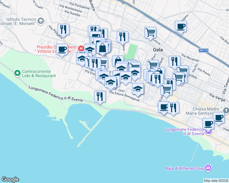 map of restaurants, bars, coffee shops, grocery stores, and more near 9 Via S1 in Gela