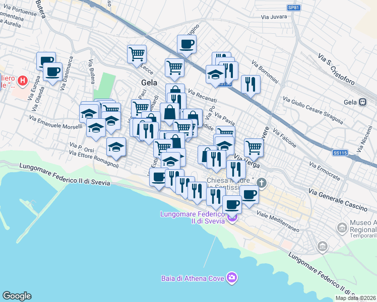 map of restaurants, bars, coffee shops, grocery stores, and more near 156 Via Bonanno Benedetto in Gela