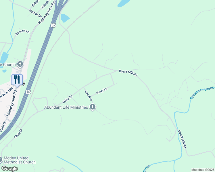 map of restaurants, bars, coffee shops, grocery stores, and more near 121 Terry Lane in Hurt