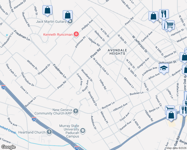 map of restaurants, bars, coffee shops, grocery stores, and more near 601 North Valley Road in Paducah