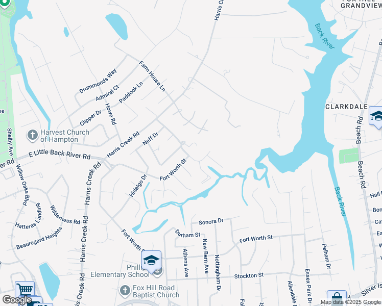 map of restaurants, bars, coffee shops, grocery stores, and more near 31 Harris Landing Road in Hampton
