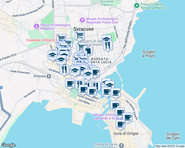 map of restaurants, bars, coffee shops, grocery stores, and more near 5 Corso Timoleonte in Siracusa