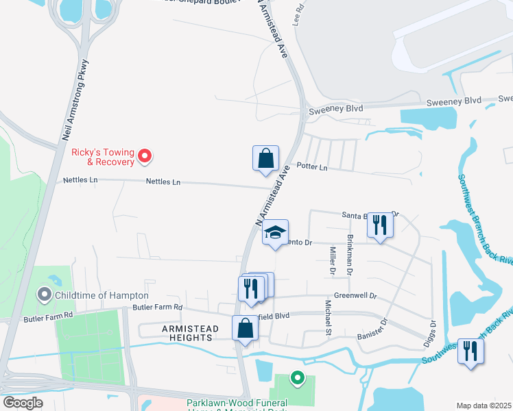 map of restaurants, bars, coffee shops, grocery stores, and more near 2845 North Armistead Avenue in Hampton