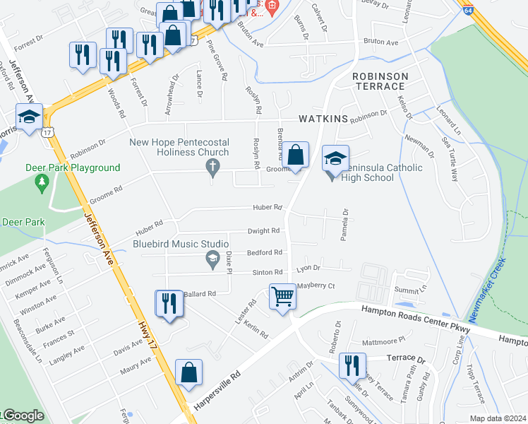 map of restaurants, bars, coffee shops, grocery stores, and more near 104 Huber Road in Newport News
