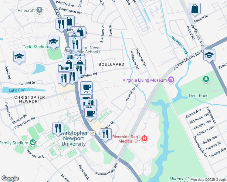 map of restaurants, bars, coffee shops, grocery stores, and more near 409 Chadwick Place in Newport News